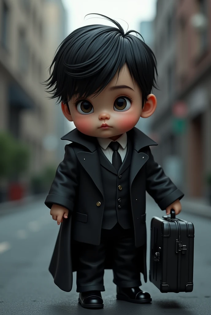 Make a black haired with a secret agent suit and suitcase