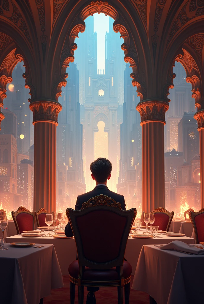 A non realistic background for an animation.
It should be a fancy restaurant in which our pov is in a chair waiting for our partner for a date