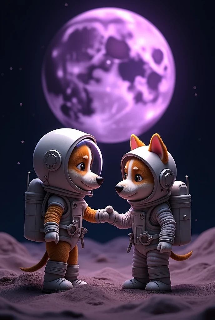 An adorable little dog wearing a shiny astronaut suit with a transparent helmet, who meets shakes hands with Elon Musk above a stylized purple moon. The moon has craters and textures, and the background is a deep black, creating a contrast that makes both the dog and the moon stand out. The dog has a cute, expressive face, with bright eyes visible through the helmet visor. The spacesuit has a metallic look with a connected pipe, and the image as a whole is designed in a whimsical, charming style. format 16:9