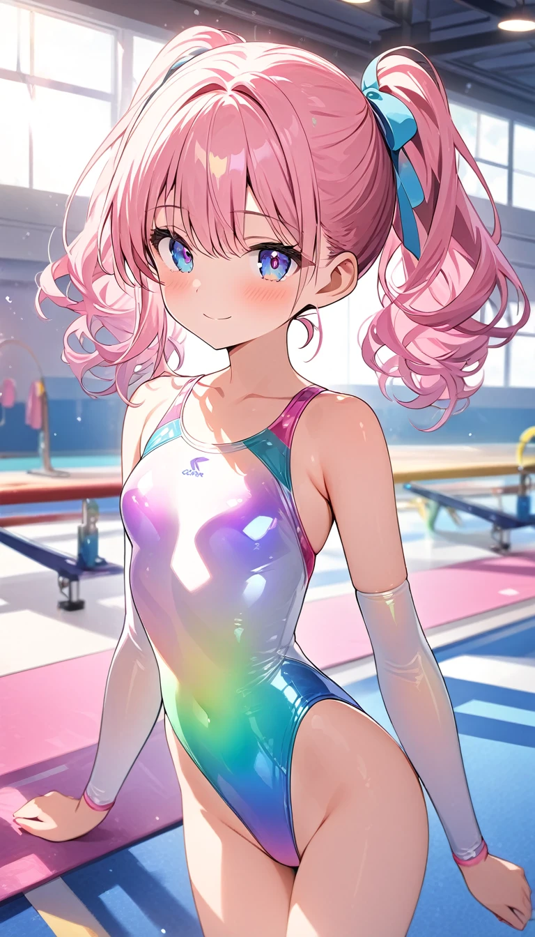 highquality illustration, masterpiece, very delicate and beautiful, attractive girl,(gymnastics leotard,long sleeve leotard with glittery decoration,high_leg leotard,athletic leotard,tight-fit leotard,iridescent gradient leotard,long sleeve leotard),thin,slender body,slim,high school,gymnasium background,gymnastics club,gymnastics athlete,princess, beautiful eyes,light smile,(masterpiece, best quality:1.2), highres, extremely detailed CG unity 8k wallpaper, perfect lighting, Colourful, ultra-high res,4K,ultra-detailed, photography, 8K, HDR, 17 ages,cowboy shot,