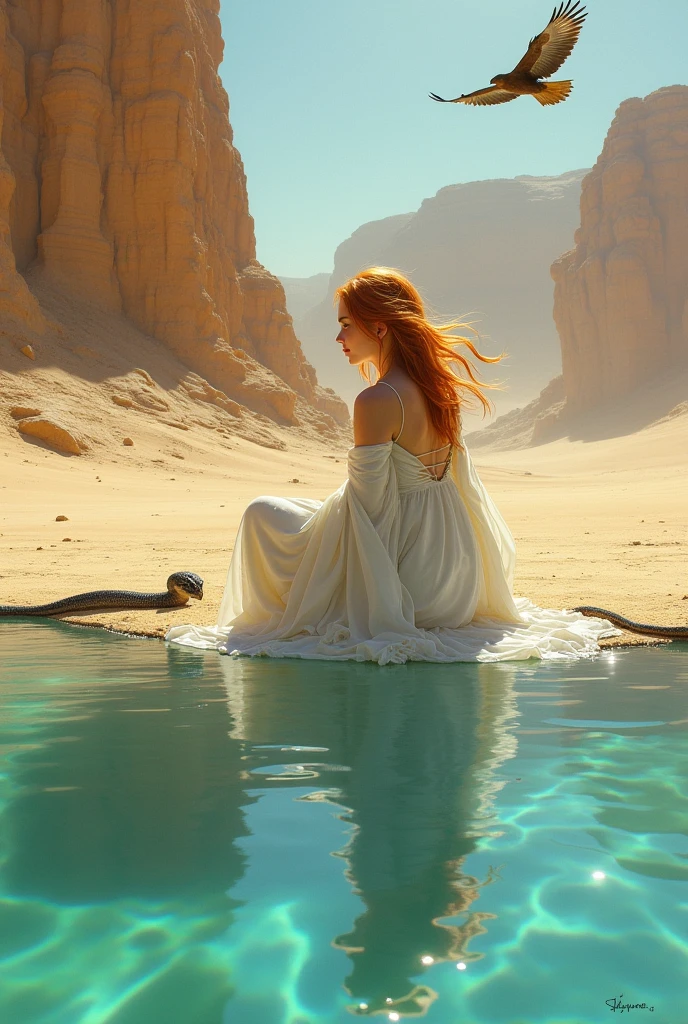 Option 1: A Desert Oasis
Description: "She was a mirage made manifest, a vision of ethereal beauty in the heart of a sun-baked desert. Her hair, once a fiery red, was now bleached to a soft blonde by the relentless sun, framing a face that was both delicate and weathered. Clad in a flowing white gown, she sat at the edge of a crystal-clear oasis, her reflection shimmering on the water's surface. The contrast between her delicate form and the harsh, barren landscape was striking, and yet, she seemed perfectly at home."
Option 2: A Wanderer's Rest
Description: "Beneath a canopy of palm trees, she found respite. Her journey through the desert had taken its toll, but her spirit remained unbroken. Dressed in earthy tones, she blended seamlessly with the natural surroundings. A small, silver locket dangled from her neck, a reminder of a life left behind. Her eyes, once filled with uncertainty, now held a serene calm as she gazed out at the endless horizon."
Option 3: A Desert Queen
Description: "She was the queen of this arid kingdom. Dressed in gold and jewels, she sat upon a throne of sand, her silhouette outlined against the setting sun. Her hair, a cascade of dark curls, flowed down her back like a waterfall. In her hand, she held a golden goblet, filled with the elixir of life. Her expression was one of both power and solitude, a ruler of a desolate realm."
Would you like me to explore one of these options further, or perhaps combine elements from different scenes?
Here are some additional elements we could consider adding:
Wildlife: A desert snake, a hawk circling overhead, or a family of gazelles.
Artifacts: An ancient artifact, a forgotten diary, or a piece of jewelry.
Atmosphere: Mysterious, romantic, haunting, or hopeful.
Symbolism: The desert as a metaphor for life, loss, or rebirth.