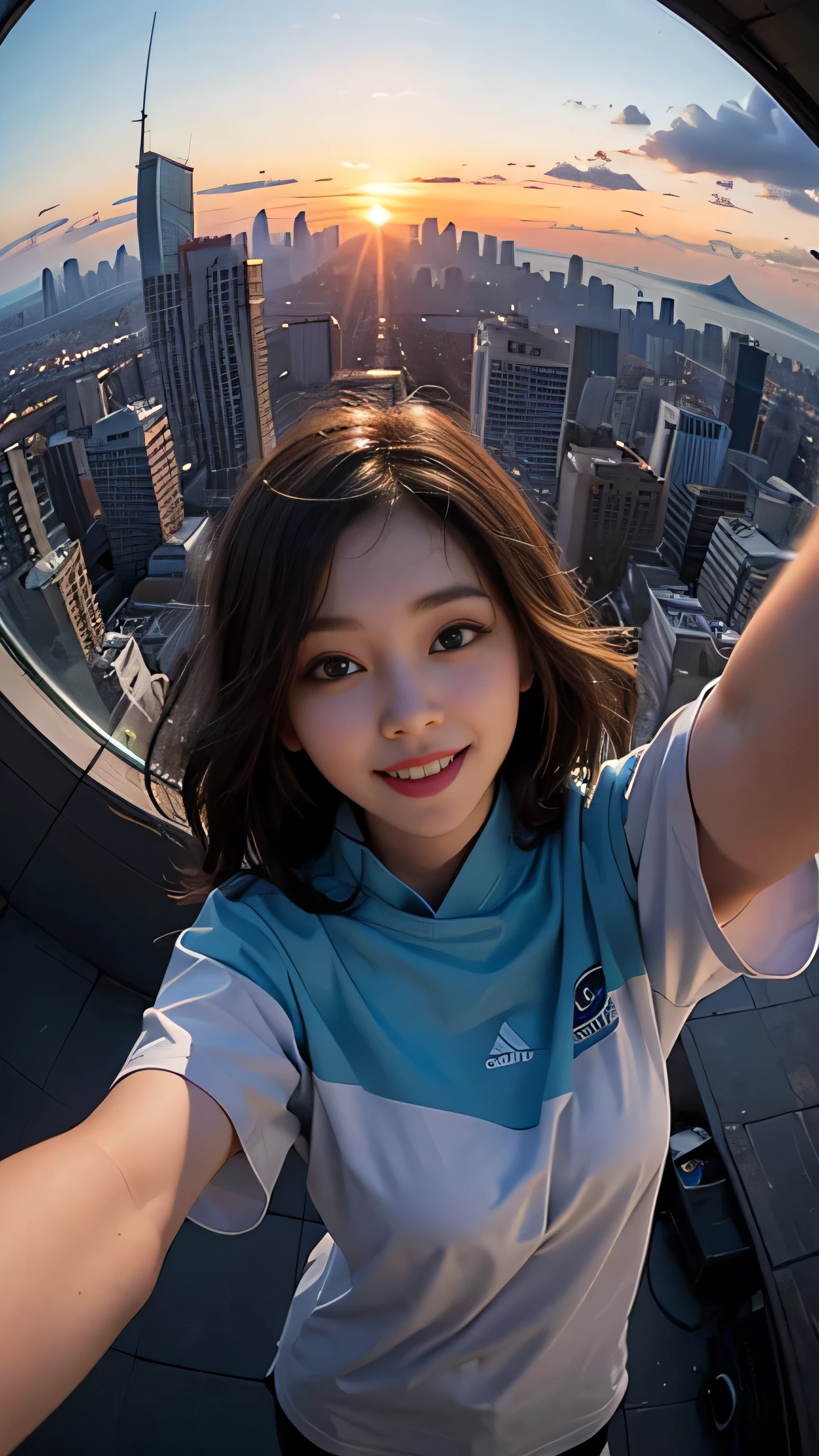 One girl, Korean, Fisheye Lens, Selfie, Wind, Messy Hair, sunset, Cityscape, (Aesthetics and atmosphere:1.2),smile