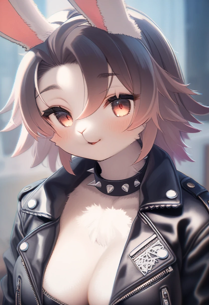 ((Masterpiece)), ((Best Quality)), (Very Detailed), ((Very Detailed)), 4K, (8K), very aesthetic, absurdres highres, 1 woman, (anthropomorphic Rabbit, furry, kemono:1.5), Draw a woman with the style of a Punk Fashion, Black Leather Jacket,
