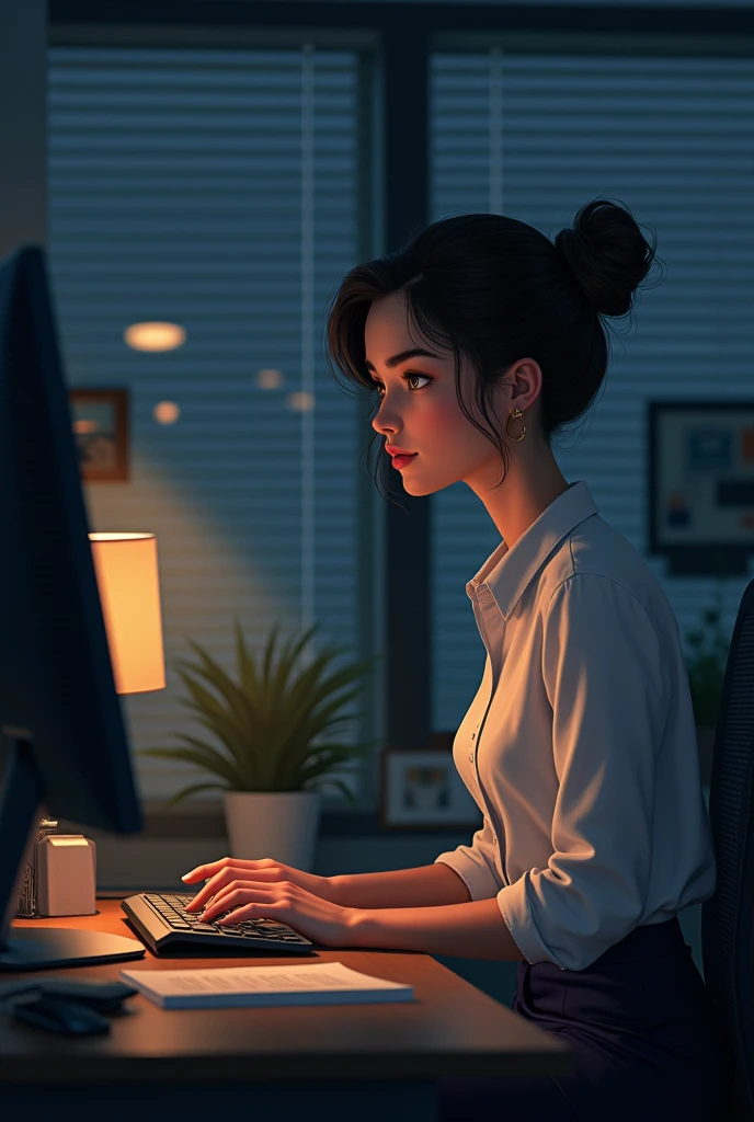 A young woman working in an office with half-closed shutters , The girl is typing on a computer
