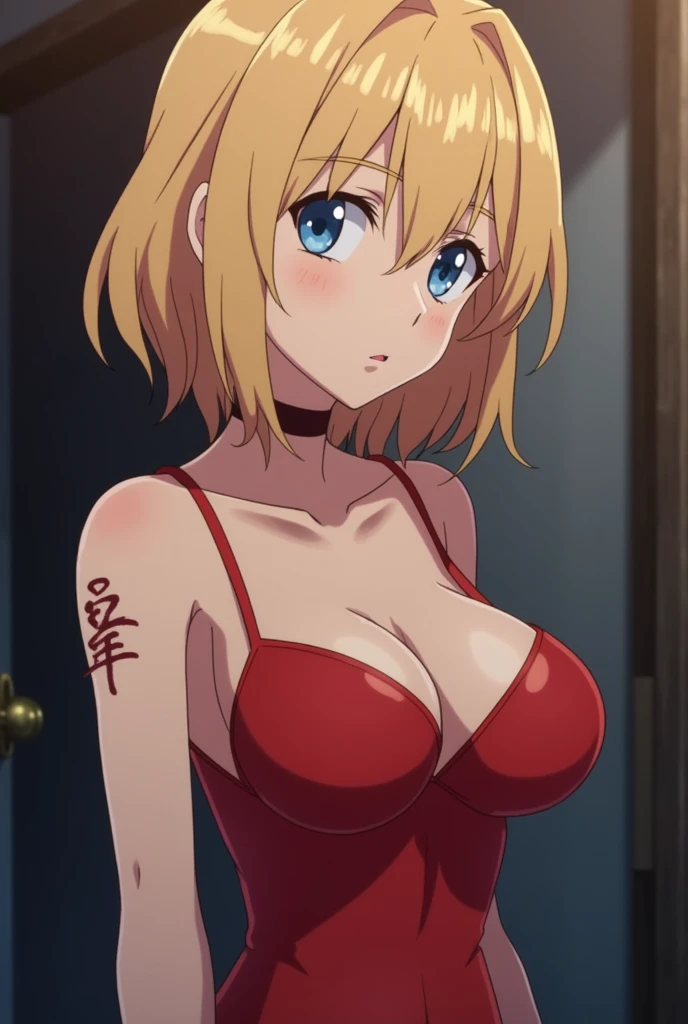 Screenshot of tokyo revengers, She has blonde hair, blue eyes and has a cute body, small waist, big breasts, has 1 bonten tattoo, wears a transparent red baby doll, she is a prostitute