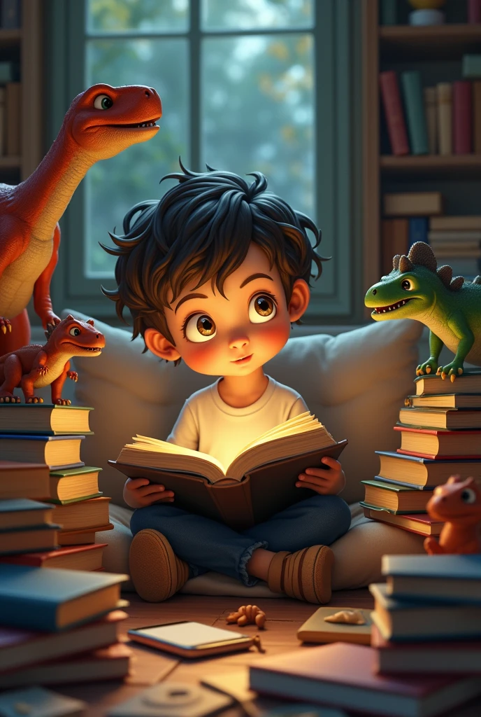 The child was amazed after opening the book he was holding and he sat on the sofa.. Many books and a cellphone are placed on top of the books lying on the floor.. The child&#39;s eyes were focused on reading a book as if entering the forest and the big and small dinosaurs around him