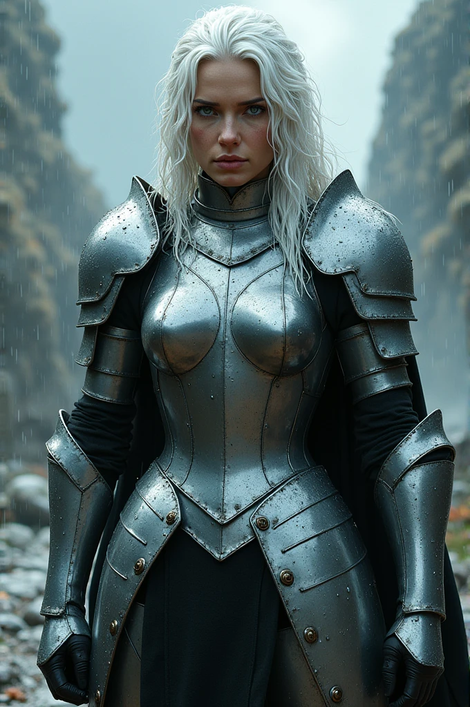 Woman. medieval armor. chrome. white hair. wet. Rain with thunder