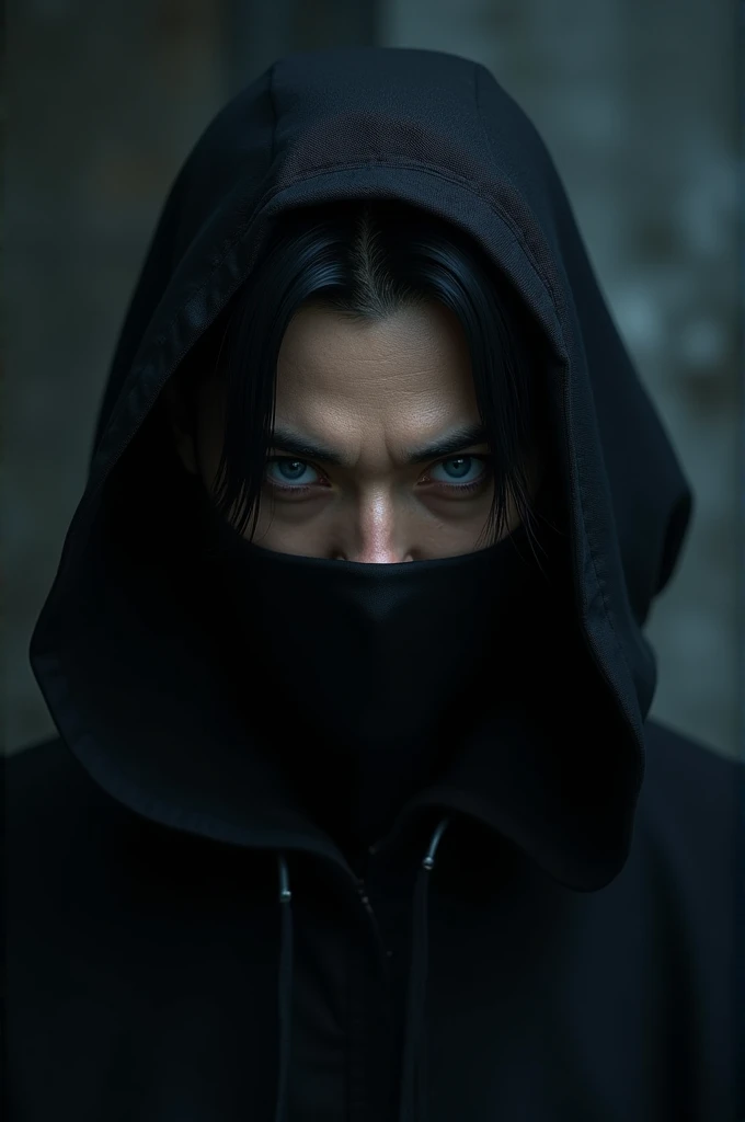 A character with black hair and blue eyes wearing a black mask that goes up to his neck.