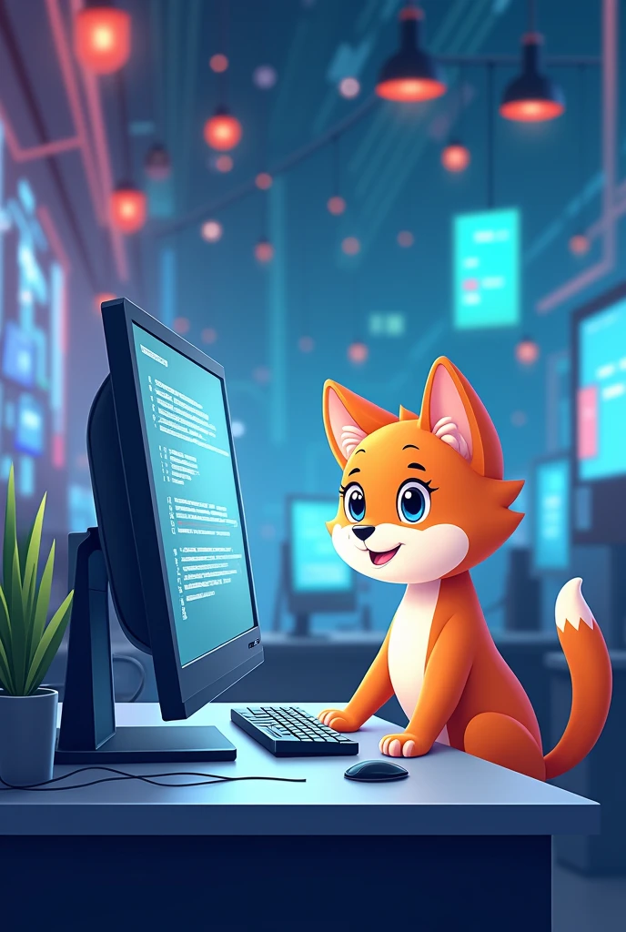 Create a technological background image for Instagram posts with a cartoon pet in front of a computer learning to program