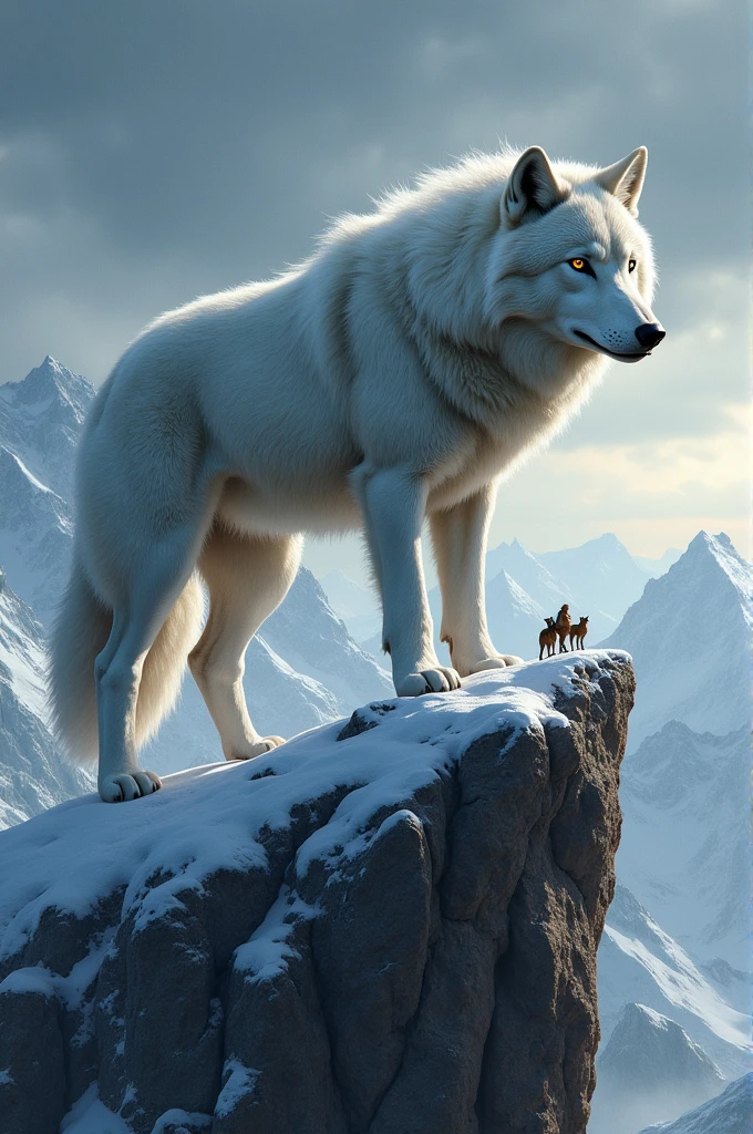 A wolf on top of a mountain facing the gaze of a few friends