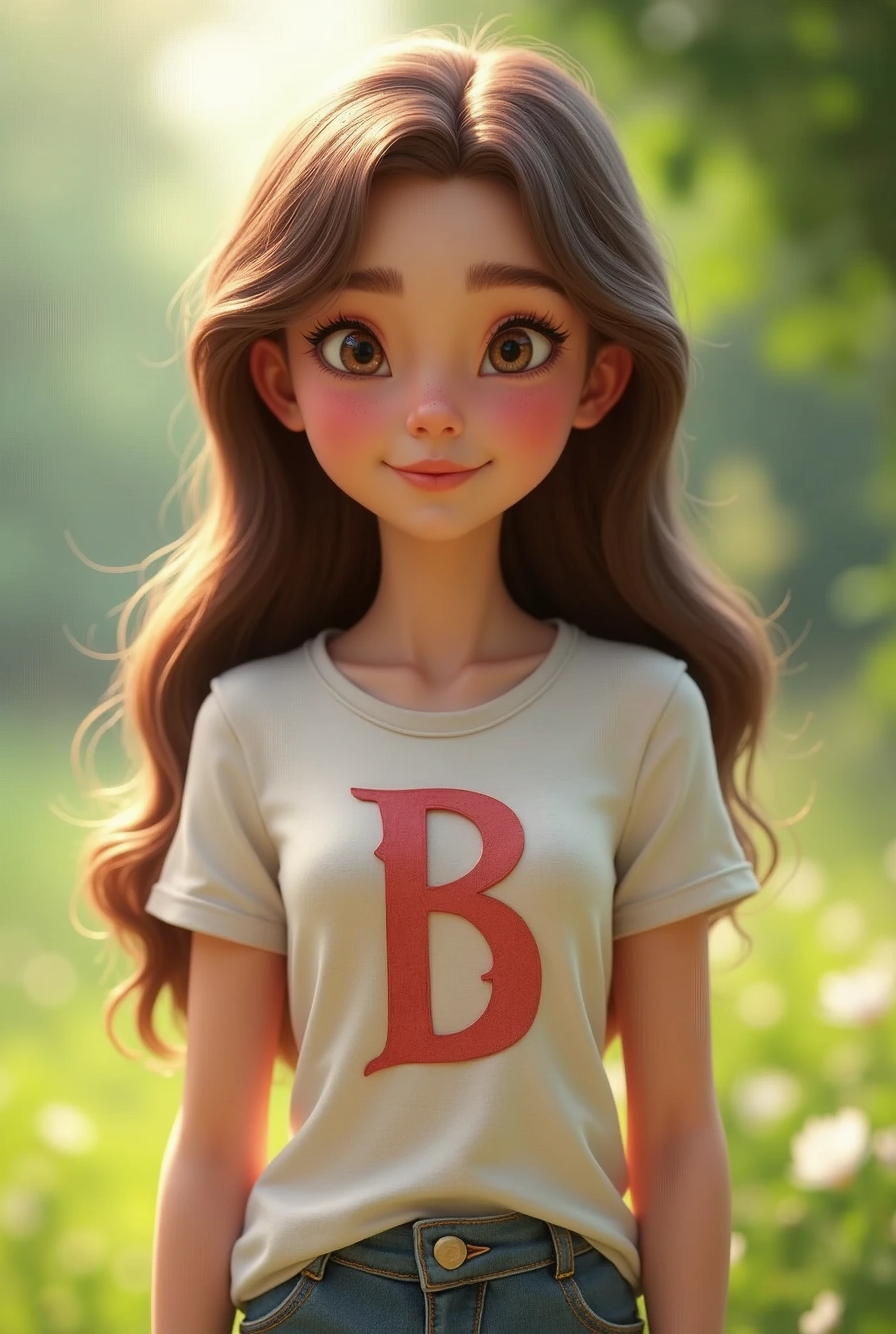 Beautiful princess wearing t shirt printed letter B