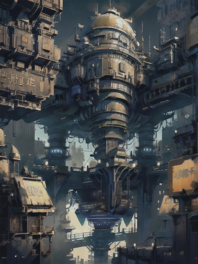 A ray of hope in a dystopia, A young girl wanders into a dark Chinese skyscraper, One little girl's back in the back center of the screen, Very complex cityscape, A devastated world, Pulling composition, industrial, High-definition depiction, A city lined with electric wires, Magic Hour, Make a story with 4 sheets.
