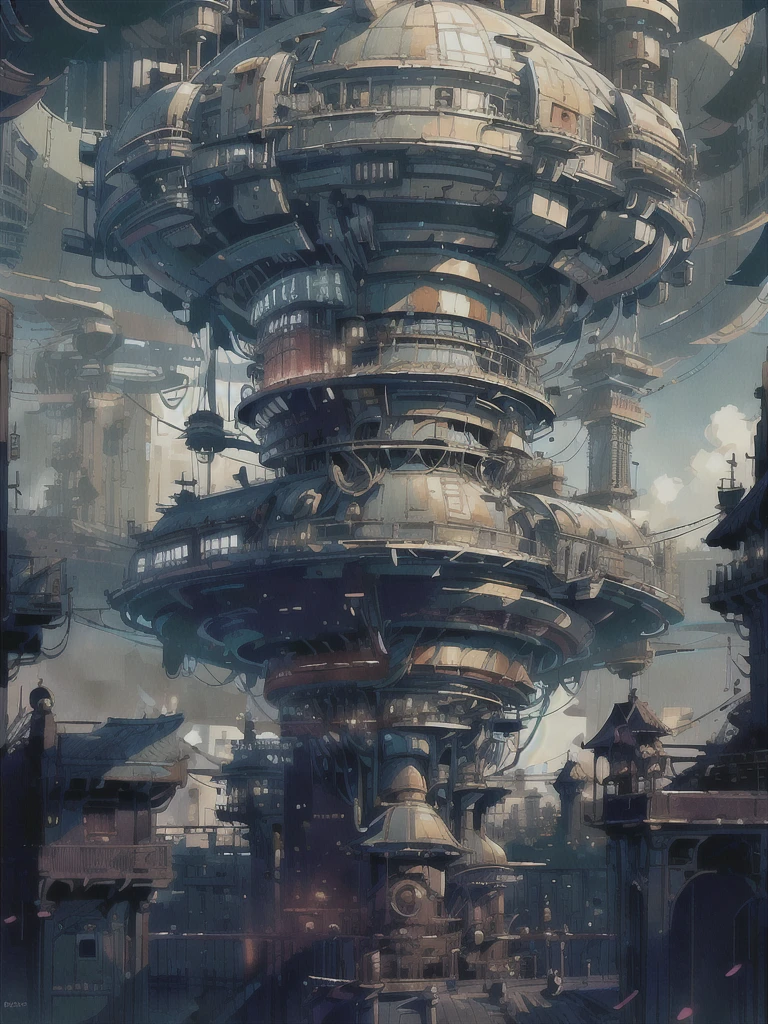 A ray of hope in a dystopia, A young girl wanders into a dark Chinese skyscraper, One 's back in the back center of the screen, Very complex cityscape, A devastated world, Pulling composition, industrial, High-definition depiction, A city lined with electric wires, Magic Hour, Make a story with 4 sheets.