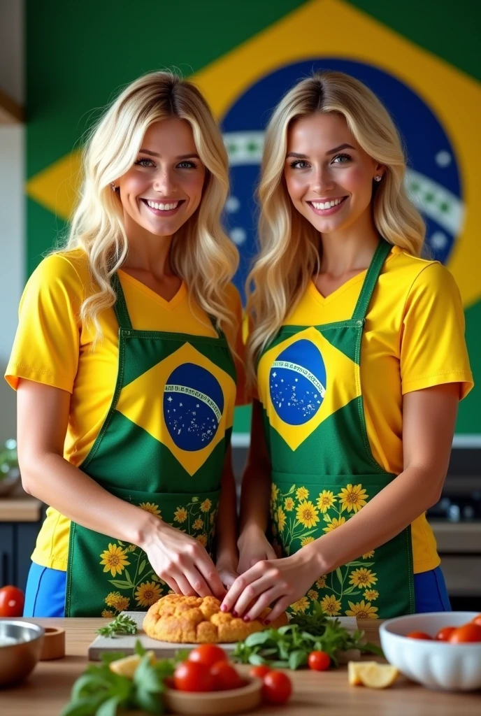 make an image with beautiful blonde women dressed in the uniform of the Brazilian football team (yellow shirt and blue shorts) When getting food in the kitchen, each one has to have an apron over their shirt, they have to be smiling and looking at the photo, show more of the kitchen the brazilian flag has to be in the background of the image