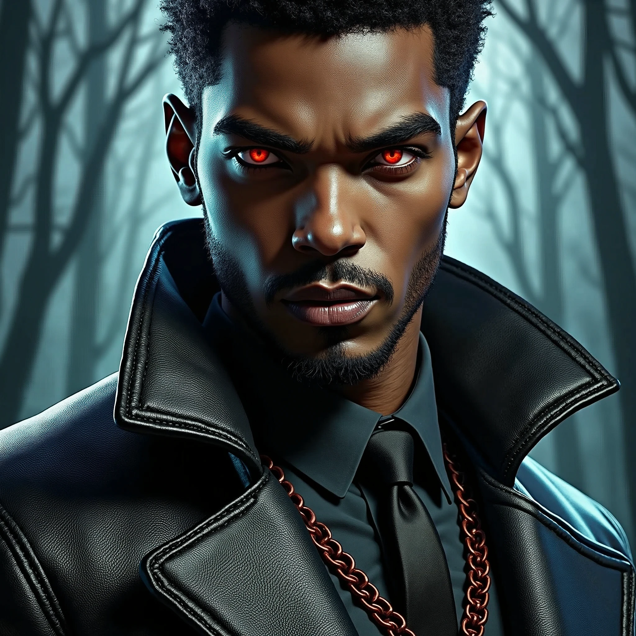 Create the image of a black-skinned vampire with crimson eyes, who wears dark colored clothes (with a black leather overcoat) following the following story:
Geroult Belmont was a renowned vampire hunter in early 20th century Europe.. in 1920, after years of loyal service to his master, Damian Wayne, Geroult was bestowed with a gift that would seal his loyalty forever.. Damian, a powerful vampire, hugged Geroult, turning him into an immortal, not as a servant, but as a son.
From that moment, Geroult is no longer just a hunter; he became part of Damian's ancient and powerful vampire family. Under the tutelage of his new father, he learned to master his new powers, diving deep into the supernatural world. Damian entrusted Geroult with the most difficult missions, sending him as a mercenary in the shadows, to fight in the bloodiest wars of the century. Geroult fought in the trenches of World War II, in the jungles of Vietnam, and in the deserts of the Middle East, always fulfilling his duty to the family.
After decades of bloody battles, Geroult Belmont, the once vampire hunter turned immortal, was at the height of his power. Living with Damian Wayne, the vampire who embraced him and transformed him, had refined his skills, making him a living legend among those who inhabited the shadow world. Damian, always a demanding and astute mentor, knew the intricacies of human and supernatural wars, and molded Geroult to be his ultimate warrior, your emissary on the most dangerous missions.
During the Cold War, Damian intensified Geroult's training, preparing you to deal with clandestine operations and psychological warfare.