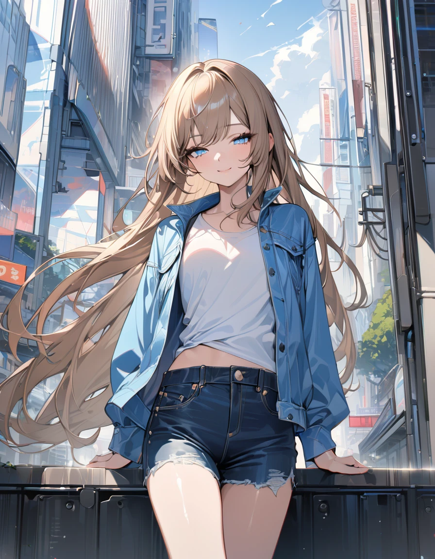 (masterpiece)、(absurdres)、(ultra detailed)、(8k)、solo lady、dark blonde hair:1.2,(straight long hair)、BREAK、(shiny blue eyes:1.0)、BREAK、(athletic)、[flat chest]、BREAK,Light-jacket,denim short-pants,BREAK,Modern city、BREAK,cowboy shot,half-closed eyes,smile,Expressionless、