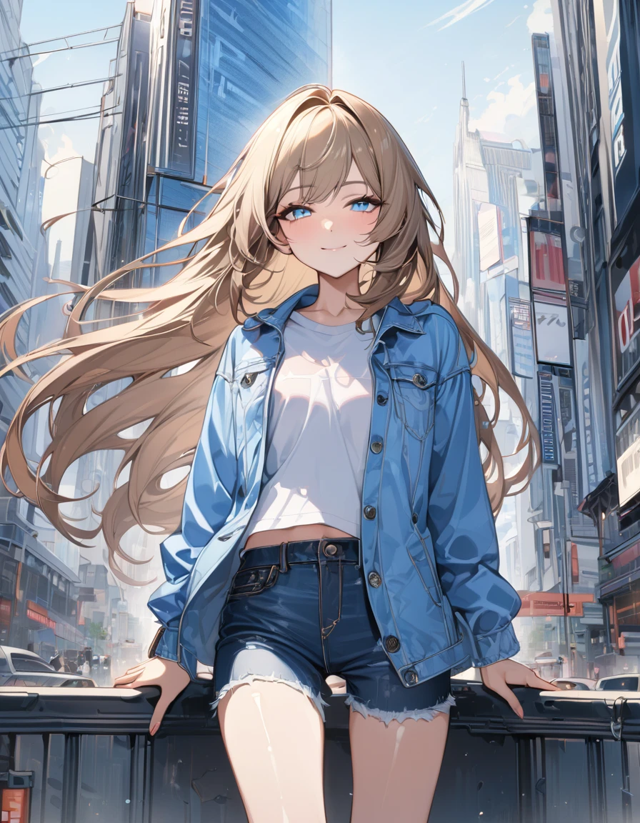 (masterpiece)、(absurdres)、(ultra detailed)、(8k)、solo lady、dark blonde hair:1.2,(straight long hair)、BREAK、(shiny blue eyes:1.0)、BREAK、(athletic)、[flat chest]、BREAK,Light-jacket,denim short-pants,BREAK,Modern city、BREAK,cowboy shot,half-closed eyes,smile,Expressionless、