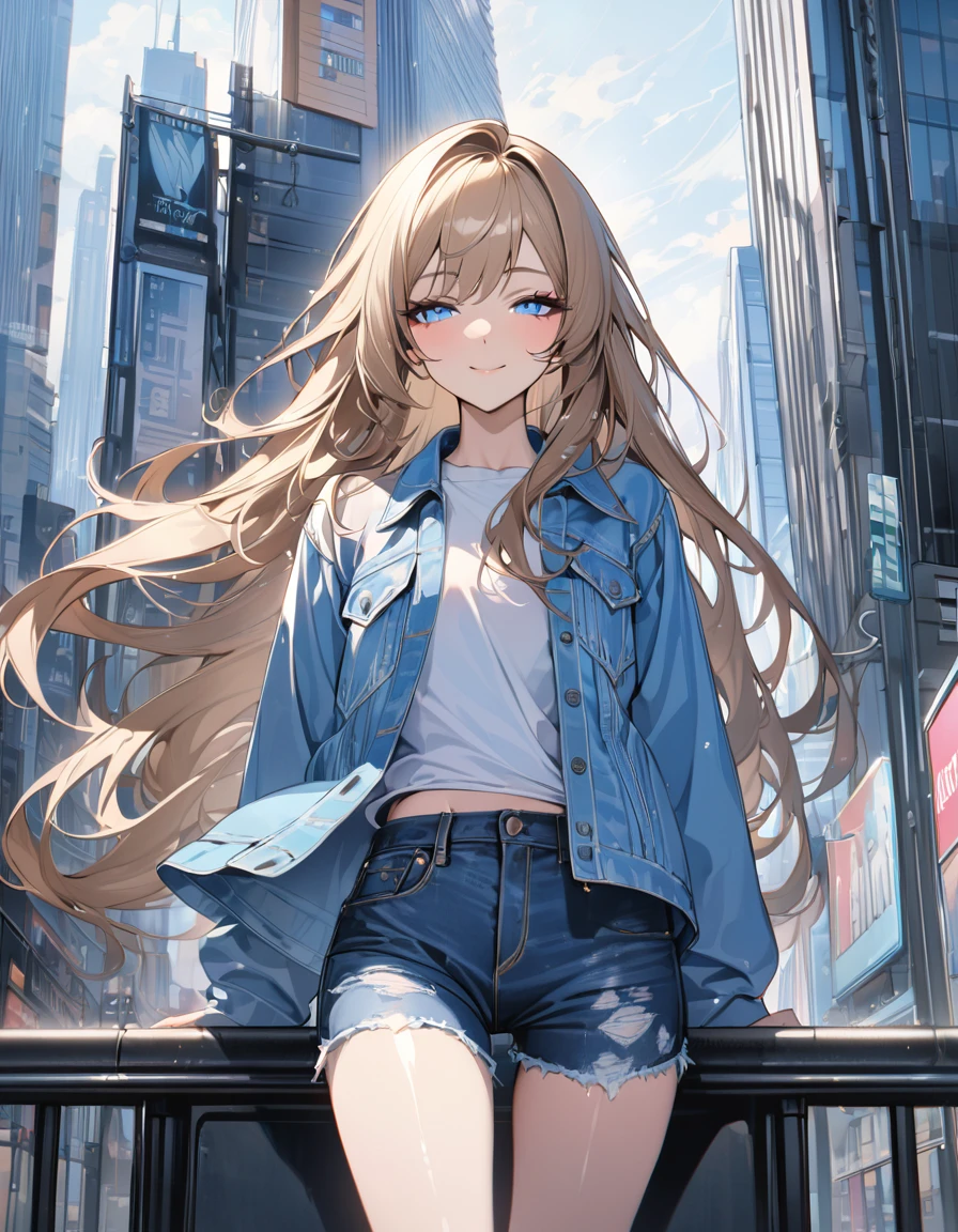 (masterpiece)、(absurdres)、(ultra detailed)、(8k)、solo lady、dark blonde hair:1.2,(straight long hair)、BREAK、(shiny blue eyes:1.0)、BREAK、(athletic)、[flat chest]、BREAK,Light-jacket,denim short-pants,BREAK,Modern city、BREAK,cowboy shot,half-closed eyes,smile,Expressionless、