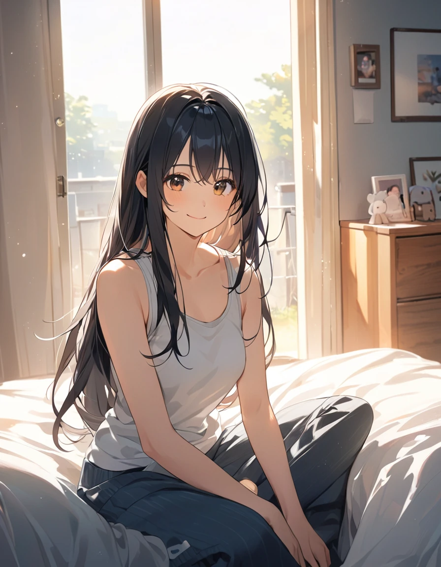 Girl,cute,cute,Chest to head,smile,Straight Hair,Long Hair,Black Hair,sitting,morning,sunny,A photo of a slightly larger bust,looking at the camera,Bedroom,Sun light,Tank top