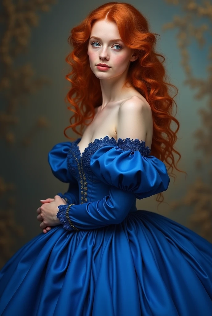 Curly redhead girl in long royal blue dress with full length ball gown sleeves 