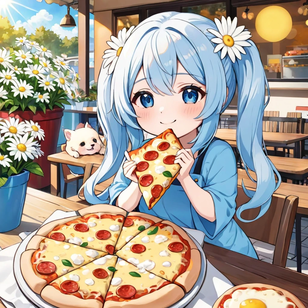 Light blue long hair、Cute chibi character with twin tails、Eating a big pizza、A deliciously beautiful smile、Cheese is smeared all over his cheeks.、A bright cafe with lots of sunlight、A lot of white daisies are displayed、My beloved Labrador retriever is with me.