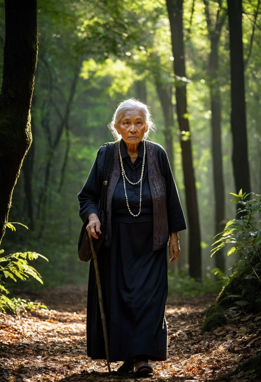 An old grandmother with white hair and a face full of wrinkles, wearing dark colored traditional clothes, was walking in the dense forest. The grandmother seemed to be looking for something on the ground., with a focused and slightly worried look. Big trees surround grandma, creating a gloomy shadow, while the sunlight penetrates through the gaps in the leaves, gives a dramatic light effect around it. The forest atmosphere looks calm but mysterious., with bushes and dry leaves under grandma's feet seen from behind