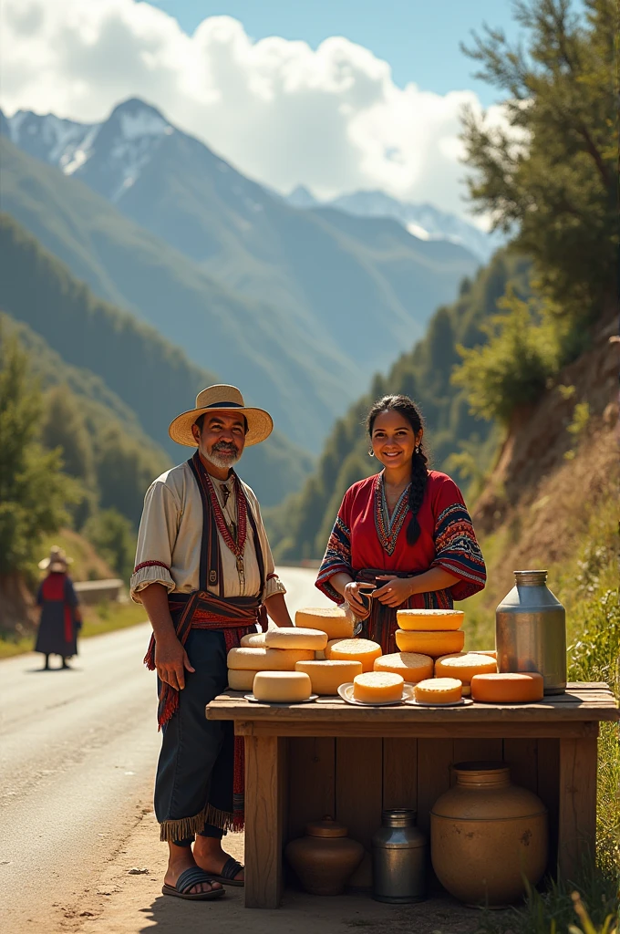 Peruvian couple selling milk,cheese on the road