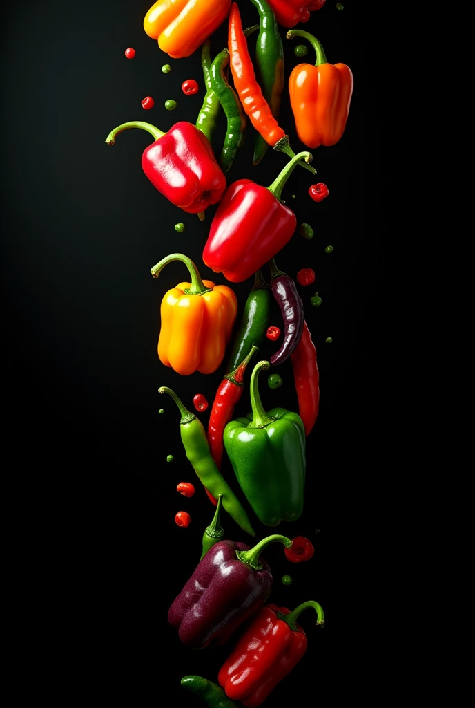 various types of peppers falling with a black background