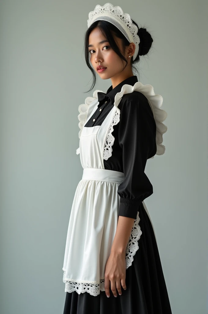 (Photography)(dynamic) Show a Malay female, in French maid costume. Standing pose.