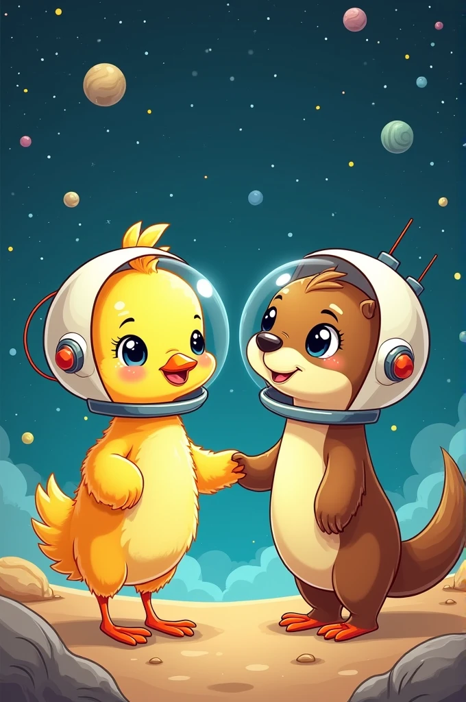 Chick and otter wearing astronaut helmets holding hands, in cartoon form