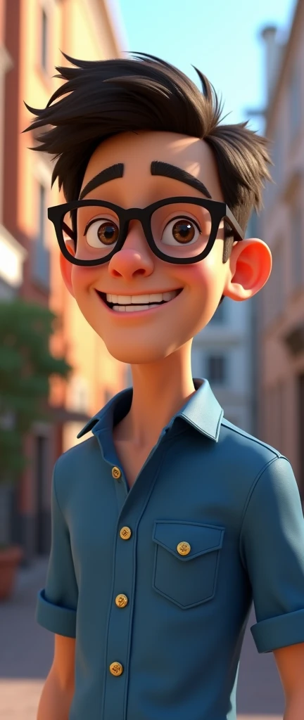 Cartoon character of a man in black glasses and blue shirt, animation character, stylized character, animation style rendering, 3d stylized, Arnold Maya rendering, Stylized 3D rendering, toon render screenshot, 3d character, 3d character, Stylized 3D rendering, 3D character rendering, cartoon character, Personagem de close up, character posing,  (Pixar-style) (master part:1.2) (bokeh) (best qualityer) (skin detailed) (detailed texture) (8k) (Argilla) (cinematic lighting) (sharp focus