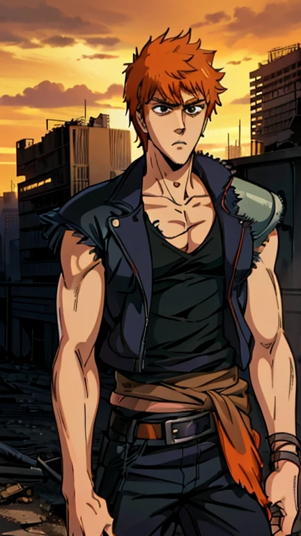 (Teens:1male: kurosaki ichigo), (extremely detailed CG unit 8k wallpaper),(master part), (best quality), (ultra detail), (best illustration),(post-apocalypic_fashion), cowboy shot, (Sharp eyeliner, ombre, detailed eyes:1), post- apocalypic abandoned building background, ,break , (HNKstyle), upper body, short orange hair,