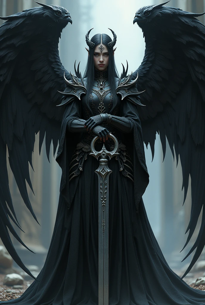 Gtirthura the winged dark warrior angel, holding a key-sword with silver bird wings in her ✋️.
Wearing mix of armor and medieval dress