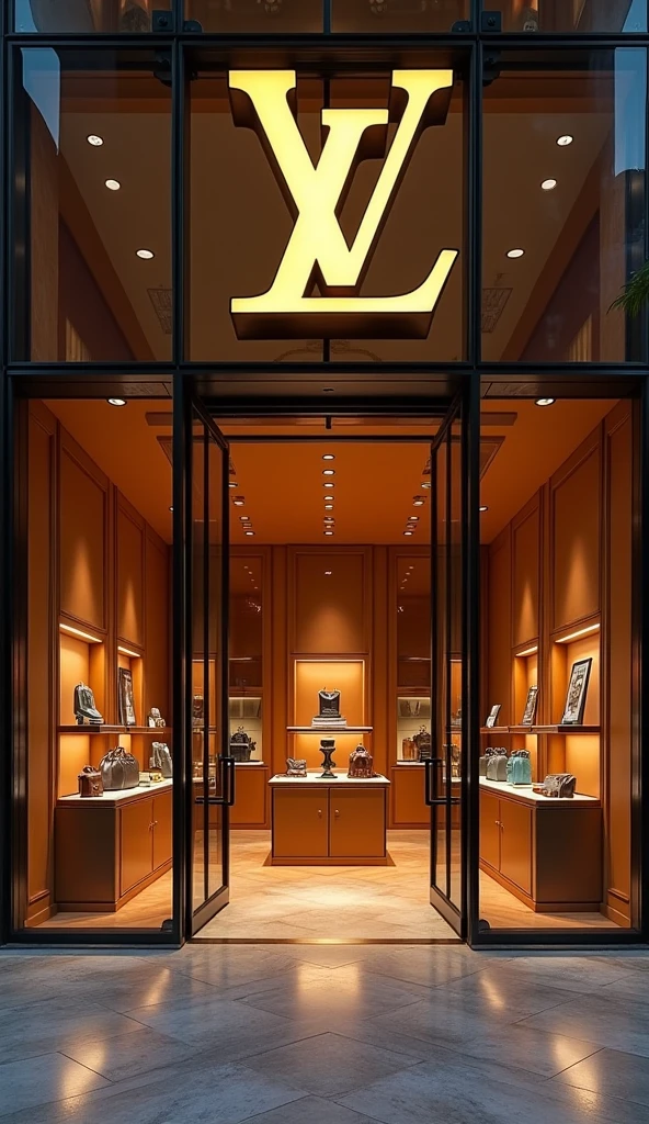 "An elegant facade of dark glass and gold frames, with the iconic LV insignia in large, bright letters, announces the arrival at the Louis Vuitton luxury store. inside, The space is illuminated with a soft glow, where the display cases display an impressive collection of handbags, wallets, Shoes and accessories made of fine leather and delicate details."