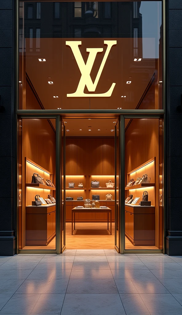

"An elegant facade of dark glass and gold frames, with the iconic LV insignia in large, bright letters, announces the arrival at the Louis Vuitton luxury store. inside, The space is illuminated with a soft glow, where the display cases display an impressive collection of handbags, wallets, Shoes and accessories made of fine leather and delicate details."

