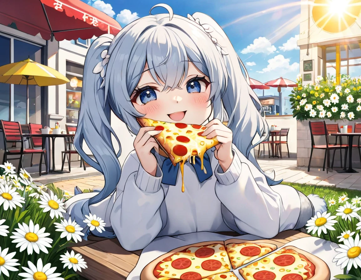 Light blue long hair、Cute chibi character with twin tails、Eating a big pizza、A deliciously beautiful smile、Cheese is smeared all over his cheeks.、A bright cafe with lots of sunlight、A lot of white daisies are displayed、My pet miniature schnauzer is with me.