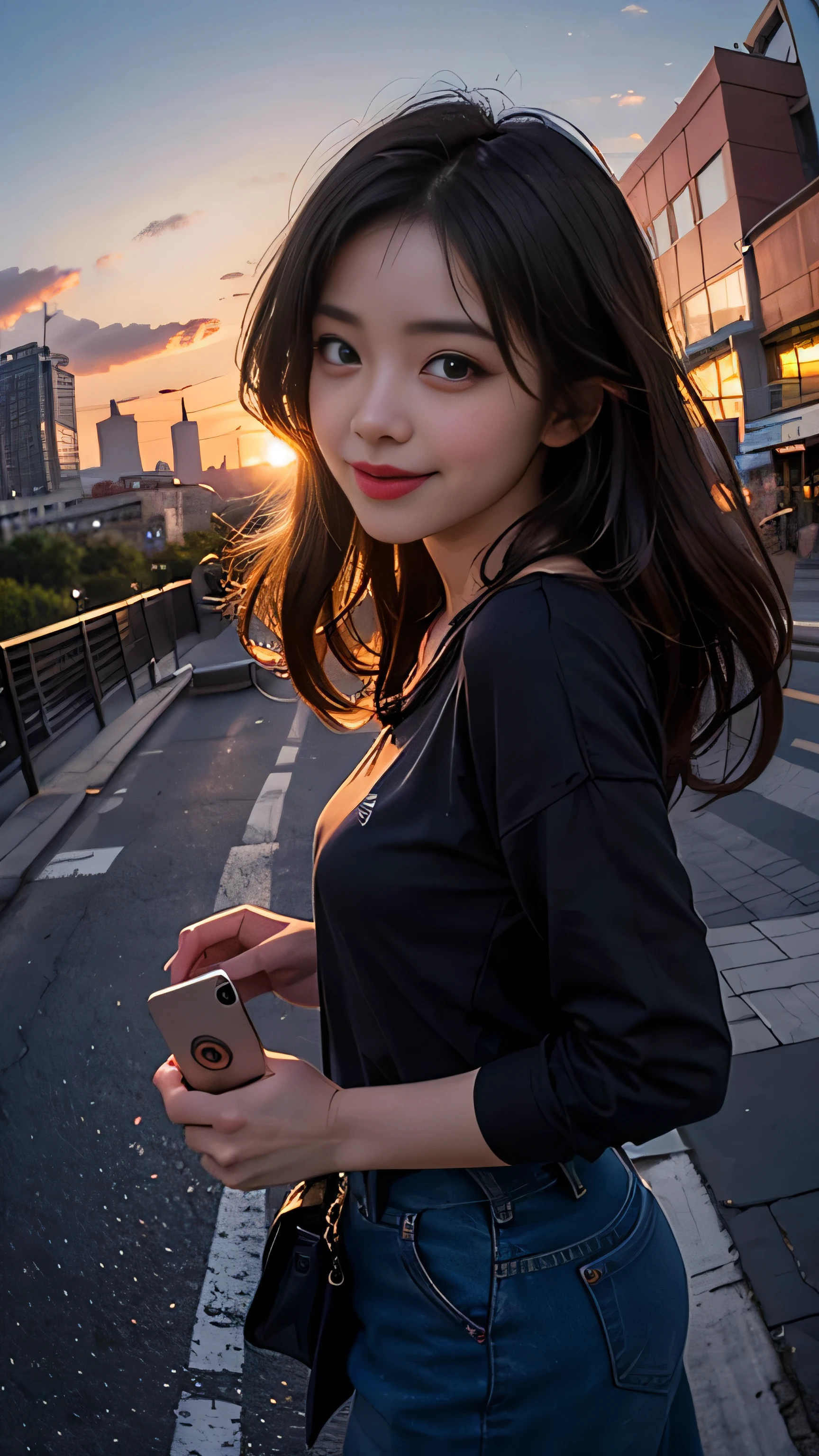 One girl, Korean, Fisheye Lens, Selfie, Wind, Messy Hair, sunset, Cityscape, (Aesthetics and atmosphere:1.2),smile