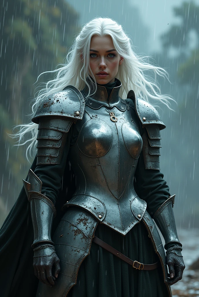 Woman. medieval armor. chrome. white hair. wet. Rain with thunder . broken armor