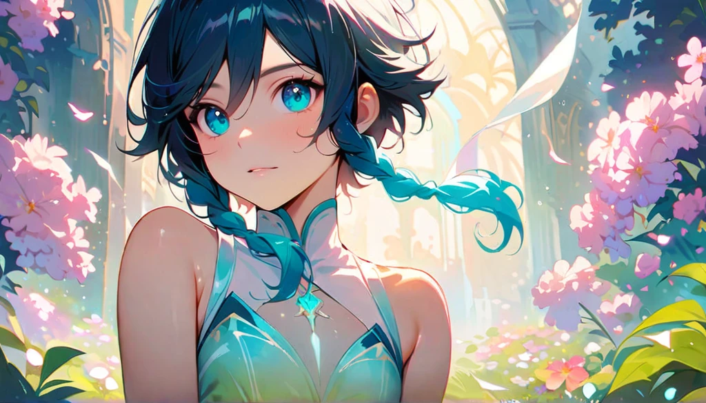 (best quality,4k,8k,highres,masterpiece:1.2),1boy,venti genshin impact,flat chest,ultra-detailed,realistic,holy lyre,plain white sleevelesss wrap gown,translucent morning of spring,sunlight reflection,body details,delicate strings,vibrant color palette,elegant curves,polished surface,delicate engravings,effects of light and shadow,subtle reflections,shimmering surface,sparkling gemstones,flower petals falling,floral patterns,emerald accents throughout,transparent springtime essence,ethereal atmosphere,peaceful garden background,serene ambiance,morning dew,soft sunlight filtering through trees,lush greenery,vividly colored blossoms,harmonious blend of nature and art,impeccable craftsmanship,transcendent beauty,awe-inspiring artwork,