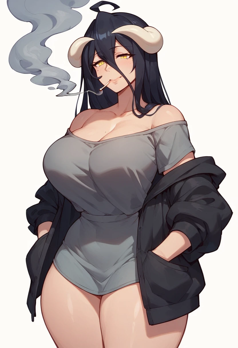 albedo,black hair,curvy body,big breast,big thighs,wears oversized black jacket,grey shirt,no pants,arms in pocket,smoking cigars,midnight setting,manga art style, nsfw.