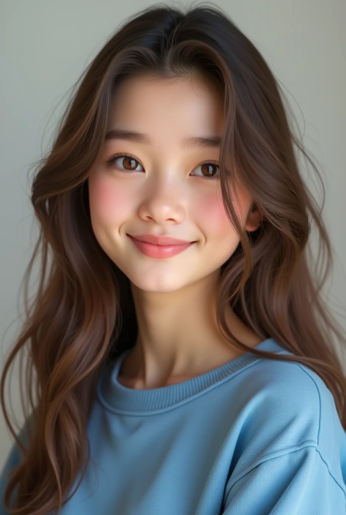 Draw an 18 year old girl, brown hair and long length (beating the breasts), skin fair, eyes browns, smiling without showing teeth. wearing a blue sweatshirt. 