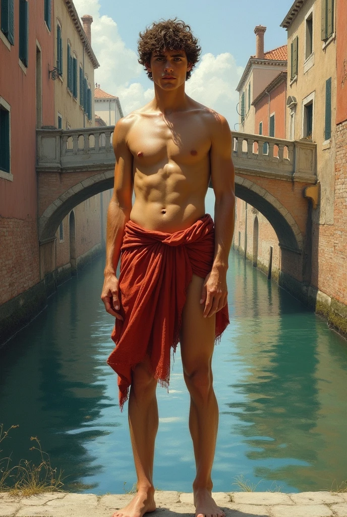 pintura_oleo+artstation front view a young man slender_athletic_realisim_body, italian boy he is standing in the middde of a bridge. Characteristics: Strong men, wearing loincloth, Background: river, bridge, left scary side river, right lovely light side, Style: Renaissance, vibrant colours and intense light. Painters: Tintoretto. Palette: Warm tones, reds, golds and blues., he is standing in the middel of the bridge, stressed gaze.