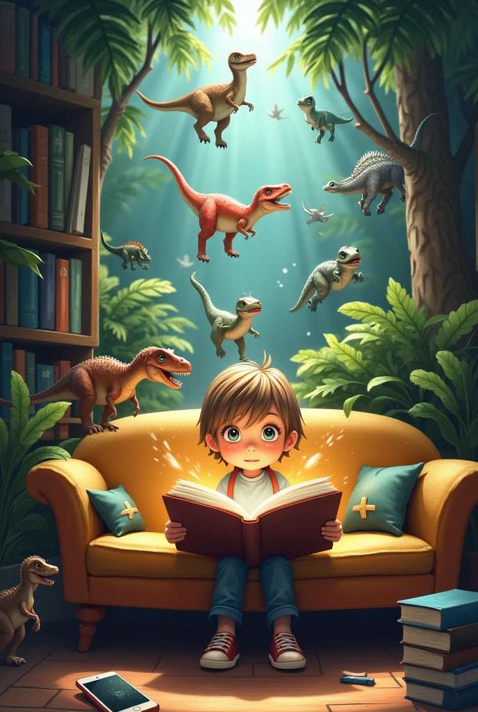 The child was amazed after opening the book he was holding and he sat on the sofa.. Many books and a cellphone are placed on top of the books lying on the floor.. The child's eyes were focused on reading a book as if entering a forest and big and small dinosaurs around him