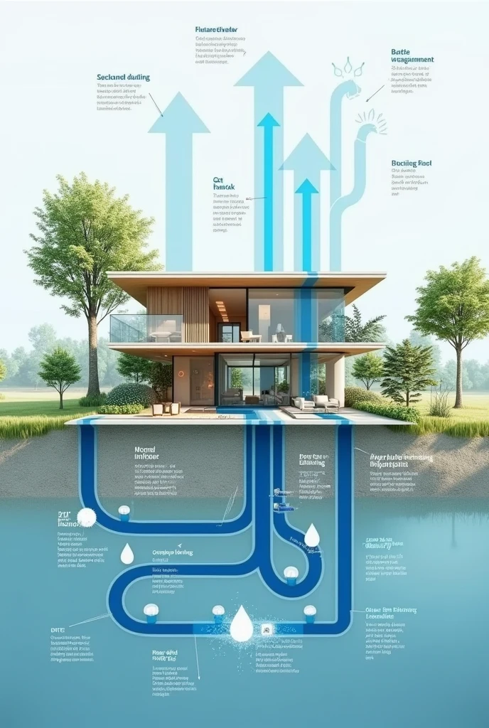 Representation of a house using reused water, with arrows showing the flow of water in blue colors