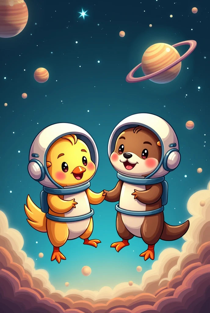Chick and otter wearing astronaut helmets holding hands, in cartoon form