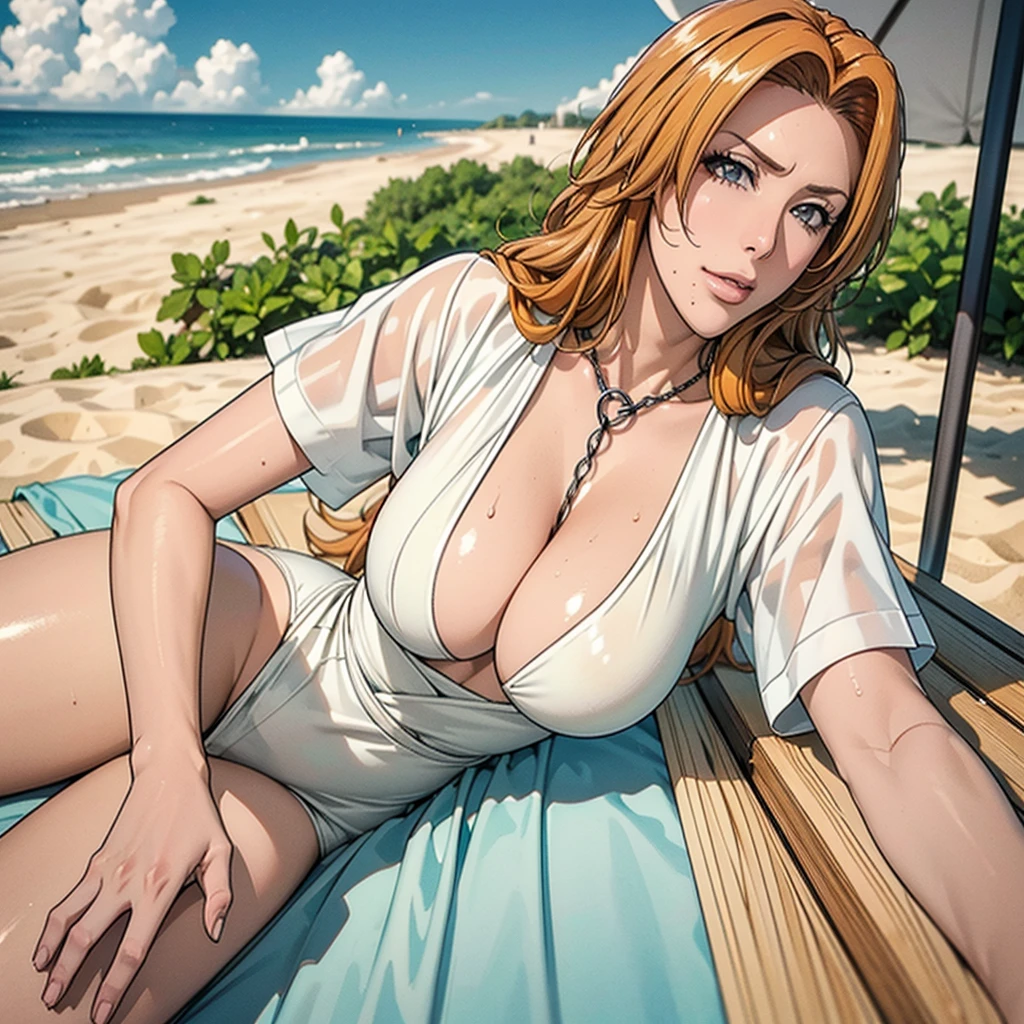 ((Master quality, 8K, masterpiece:1.3, ultra-detailed, high resolution, RAW Photos, detailed background, cinematic lighting)), Actual, Realistic, photo, HDR, detailed eyes, perfect anatomy, perfect hands, BREAK, One person alone, Matsumoto Rangiku, (lying on a Sun_lounger and posing sexy), Grey Eyes,  Honey Hair, Long Orange hair, Adult beautiful woman, huge Breasts, Cleavage, Slim waist, smile, Sweat-soaked skin, (Oily skin, Glowing Skin, Shiny skin, Professional Lighting), Silver Chain, wearing( very short length white t-shirts  with open chest and white ultra-low-rise bottoms), Graffiti art, (, Random Angle, full-body, ), BREAK, Beach_parasol, Beach cocktails on a round table, dynamic angle, outdoor, beach
