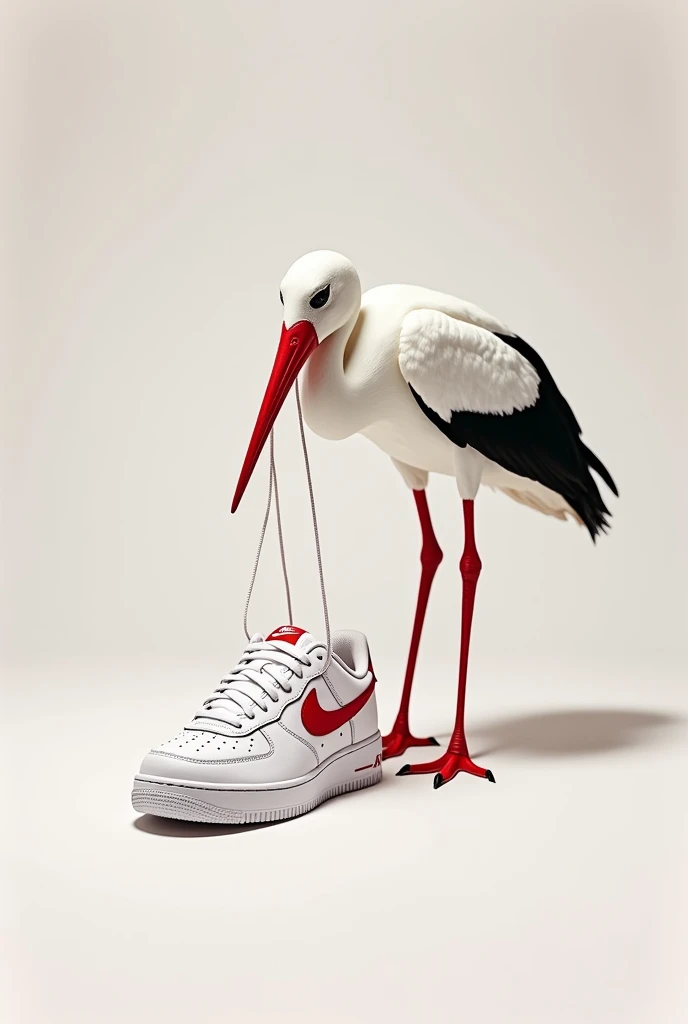 Nike air force | low retro branco/red, stork with tennis shoes in its mouth hanging by the laces, image for virtual store logo on instagram, eye-catching image