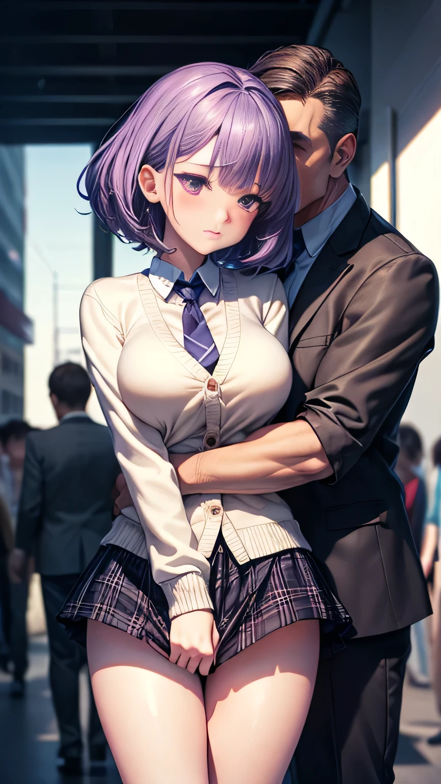 (Very detailed CG Unity 8K wallpaper),(masterpiece), (Highest quality), (Very detailed), (Best illustrations),(Best Shadow)、Large Breasts、crowd、(1. Having her skirt lifted by two men.2)、Embarrassed and blushing。Purple eyes and very short purple hair、White blouse、Blue tie、Checked mini skirt、Beige cardigan、Dynamic Angle