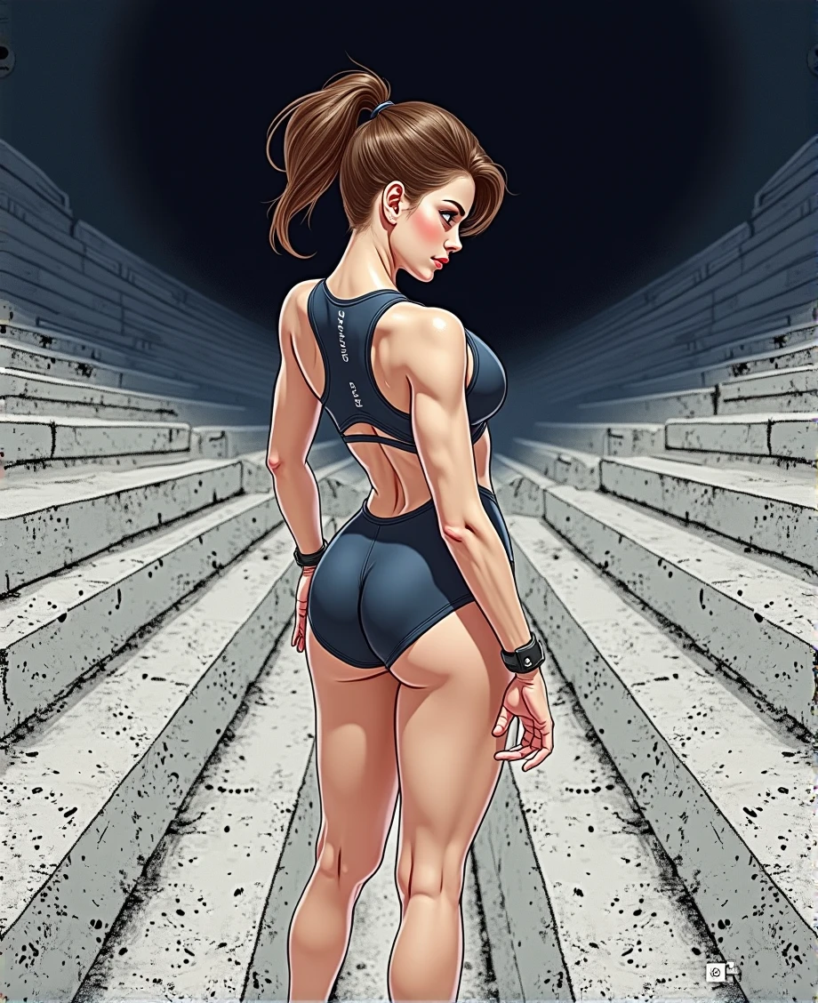 Beautiful 18 year old woman, Brown hair, back pose, tight gym lycra, showing buttocks, photo realism