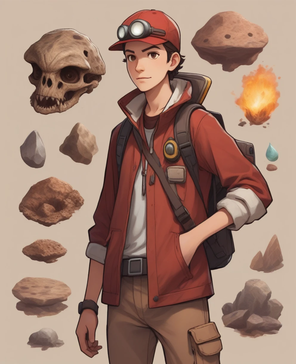 an young adult archaeologist with aggressive and charismatic features, brown and crimson clothes with fossil details, pokemon trainer style, pokemon art